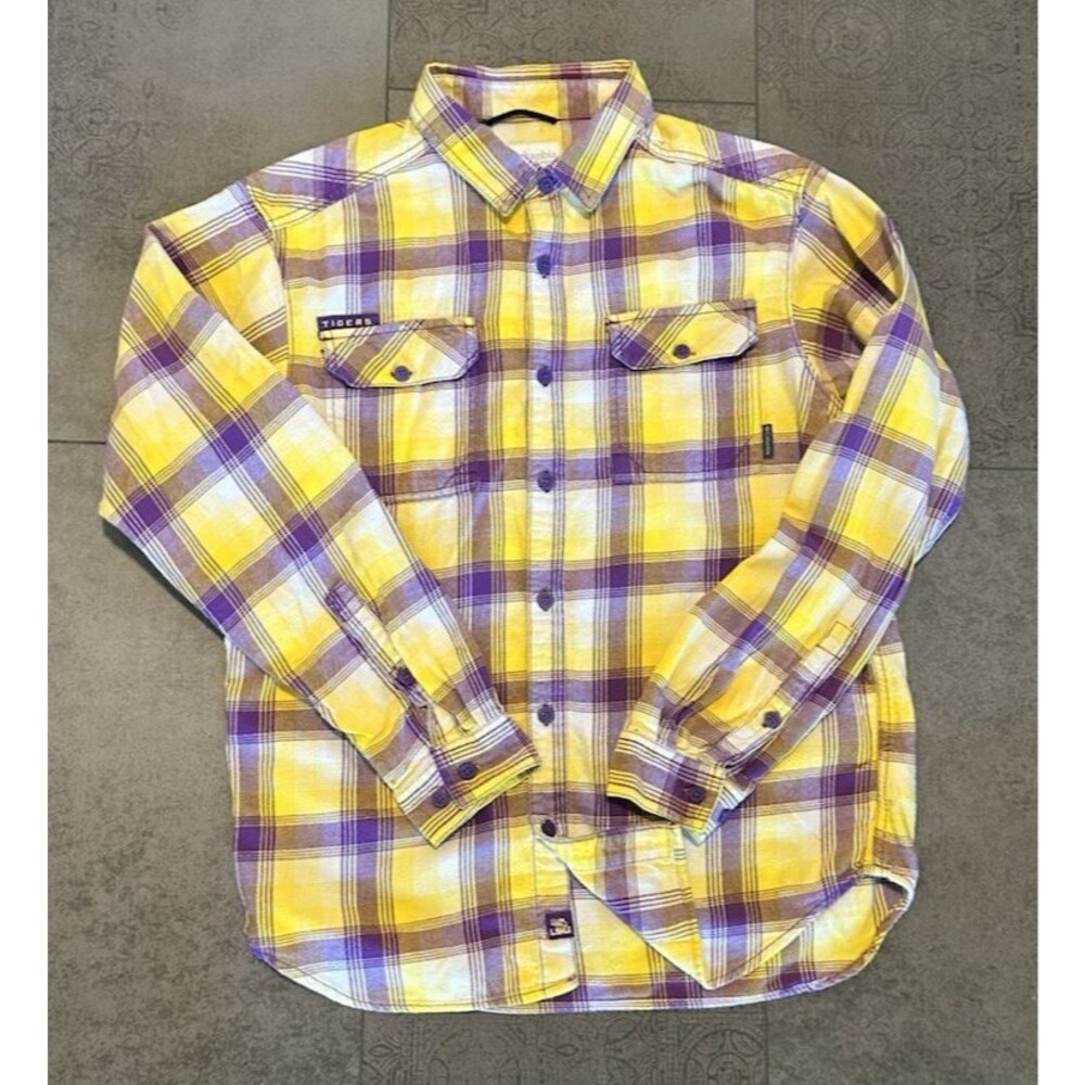 Columbia LSU Tigers Plaid Purple Yellow Button Down Pocket Long Sleeve M Shirt